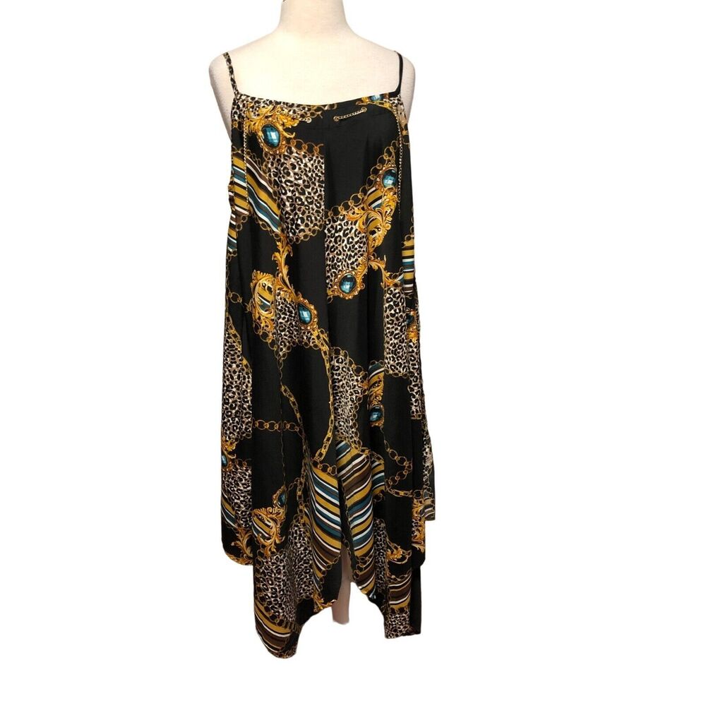 Speed Control New York black multi sleeveless dress handkerchief hemline 2X